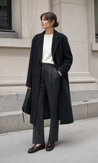 A woman wearing the same charcoal overcoat with an ivory top, tailored trousers, and oxblood loafers