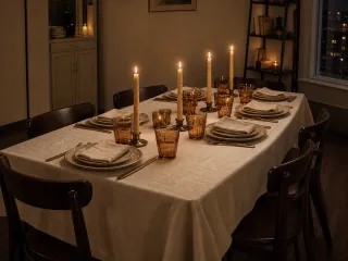 A formal candlelit dinner table with an ivory tablecloth and symmetrical place settings