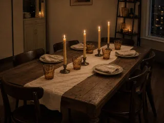 The same candlelit table with exposed dark wood and a loose linen runner