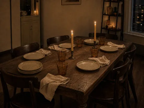 The same dinner table in its final relaxed direction with rumpled linen, amber glasses, and asymmetrical candles