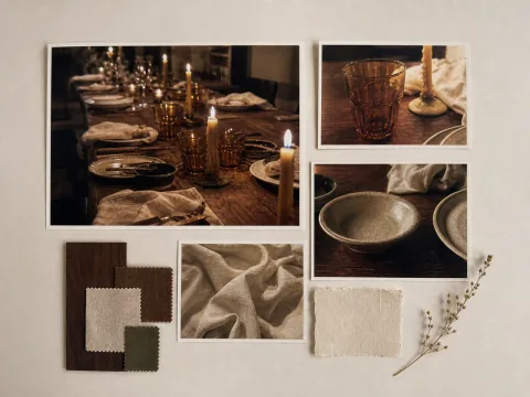 A tactile dinner-party moodboard with candlelit table photography, amber glassware, ceramics, linen, and material swatches