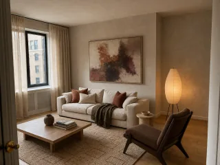 The same living room redesigned with warm mushroom walls, large abstract artwork, linen curtains, a paper lamp, textured rug, and dark wood lounge chair